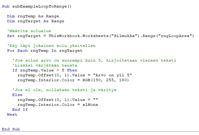 /img/vba-kurssi-julkaistu-koodi.png Esimerkkikuva. Mikäli ymmärrät koodin logiikan, sinussa on potentiaalia ohjelmoijaksi.